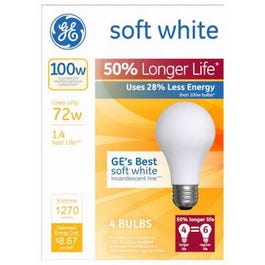 Soft White Halogen Bulb, Long Life, Medium Base, 72-Watts, 4-Pk.