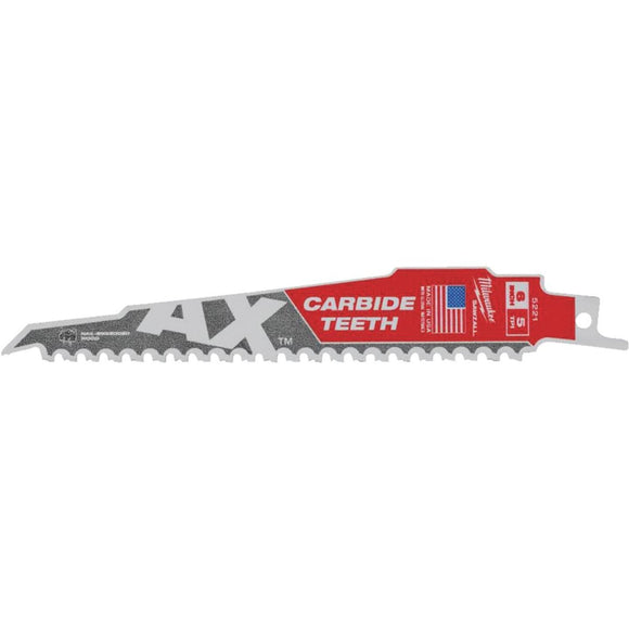 Milwaukee Sawzall THE AX 6 In. 5 TPI Wood w/Nails Demolition Reciprocating Saw Blade with Carbide Teeth